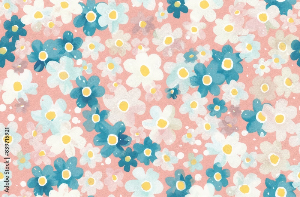 Fototapeta premium Muted pastel pink and blue pattern with small white flowers, yellow accents