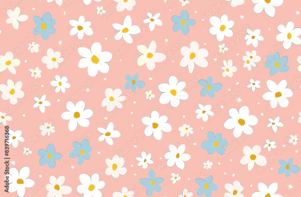 Muted pastel pink and blue pattern with small white flowers, yellow accents