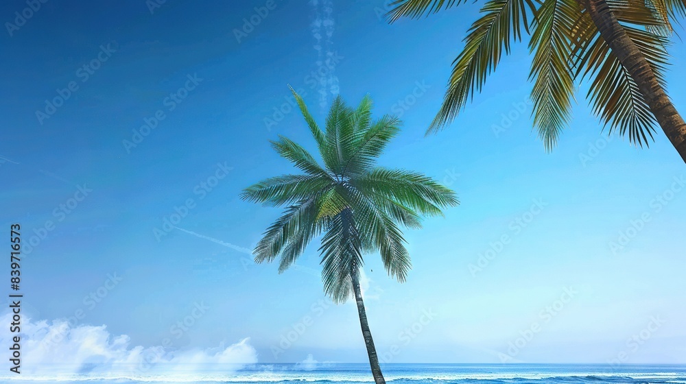   A pair of palm trees perched atop a verdant meadow beside the sea under bright skies