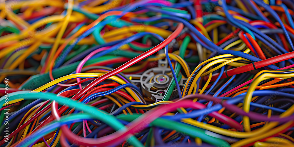 The Tangled Timeline: A mess of colored wires, twisted together to form an incomprehensible network, leading to a vintage timepiece The Tangled Timeline: A mess of colored wires, twisted together to form an incomprehensible network, leading to a vintage timepiece