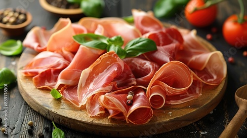 Slices of prosciutto di parma or jamon serrano (iberico) on a dark cutting board.