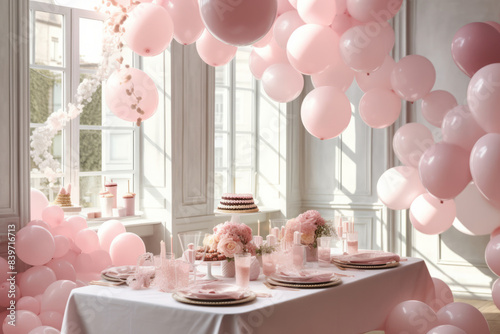 Elegant pink birthday party or girl baby shower with pink table setting