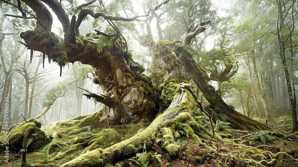 A mossy tree stands tall in the heart of a dense forest, its sprawling roots supporting numerous other trees A mossy tree stands tall in the heart of a dense forest, its sprawling roots supporting numerous other trees