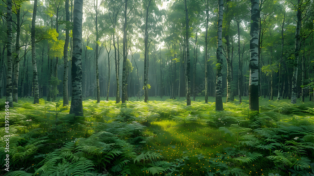 Fototapeta premium A tranquil nature woodland with tall trees and dappled sunlight filtering through the leaves, the forest floor covered in ferns and wildflowers