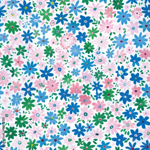 Seamless pattern of pastel pink, blue and green small flowers on a white background