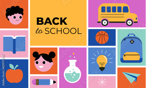 Back to school concept illustration, banner, background. Geometrical style design