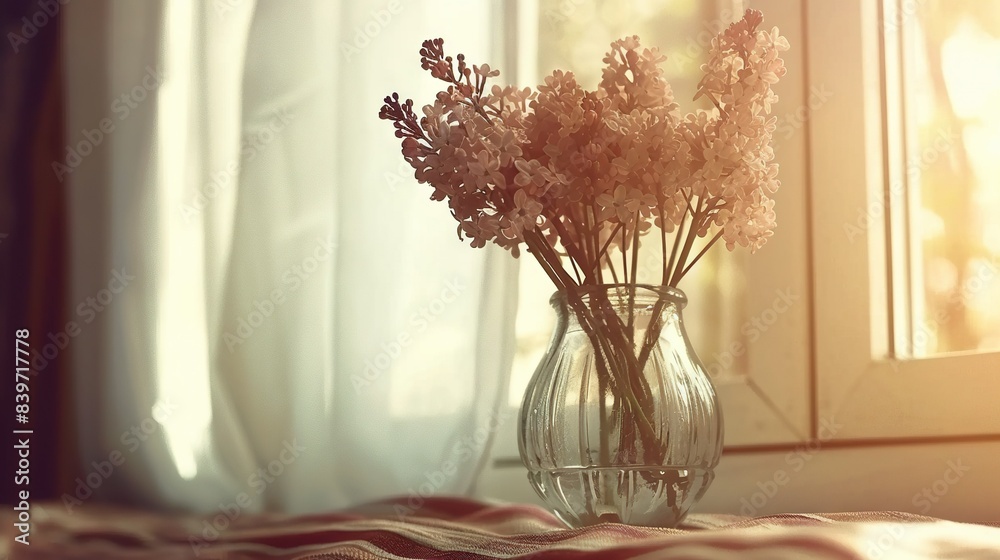 A vase of flowers perched atop a window sill, nestled beside billowing white curtains A vase of flowers perched atop a window sill, nestled beside billowing white curtains