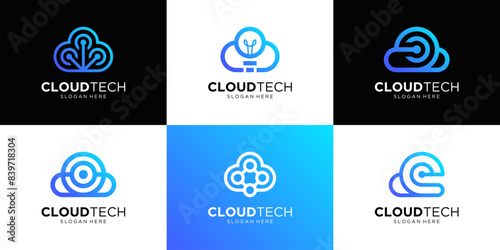 Set of cloud tech logo design template. Abstract computing logo vector illustration.