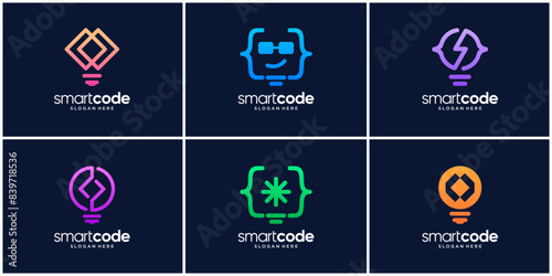 Set of code and light bulb innovation logo design colorful.