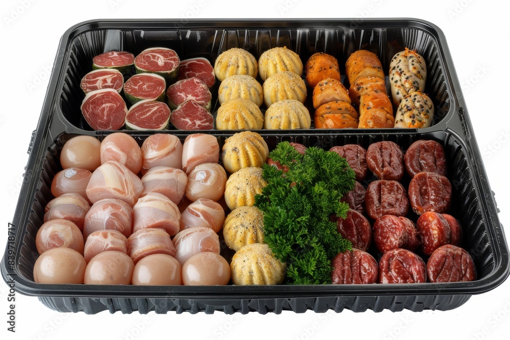 Variety of raw sausages neatly packed in a black plastic tray, showcasing diverse types of meat ready for cooking or grilling Variety of raw sausages neatly packed in a black plastic tray, showcasing diverse types of meat ready for cooking or grilling