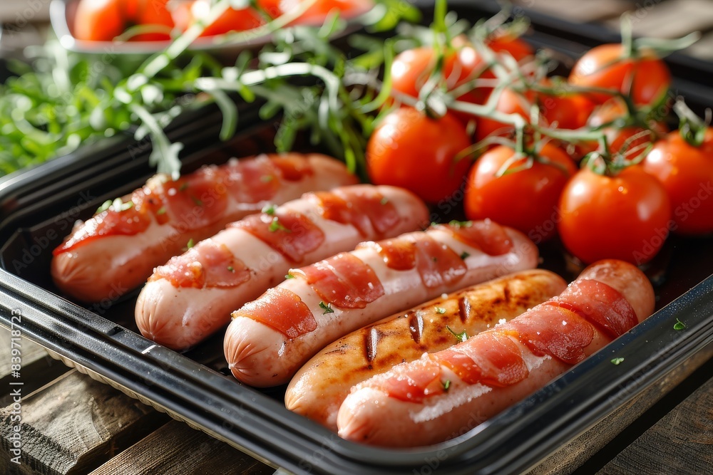 Fresh raw sausages and ripe tomatoes on a black tray, ideal for a delicious and flavorful barbecue meal Fresh raw sausages and ripe tomatoes on a black tray, ideal for a delicious and flavorful barbecue meal