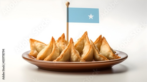 Photo of Savory Argentine Empanadas with National Flag Toothpick on White Background photo