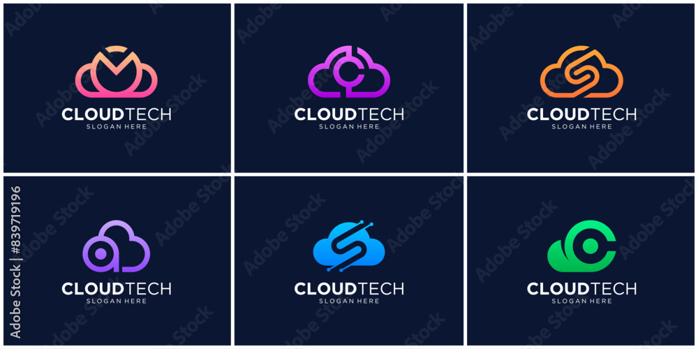 Naklejka premium Cloud logo letter icon set. Abstract tech symbol logo design.