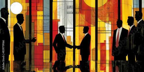 Abstract illustration of business people shaking hands and engaging in discussion, set against a colorful geometric background, representing networking and partnership. Concept of agreement, cooperati photo