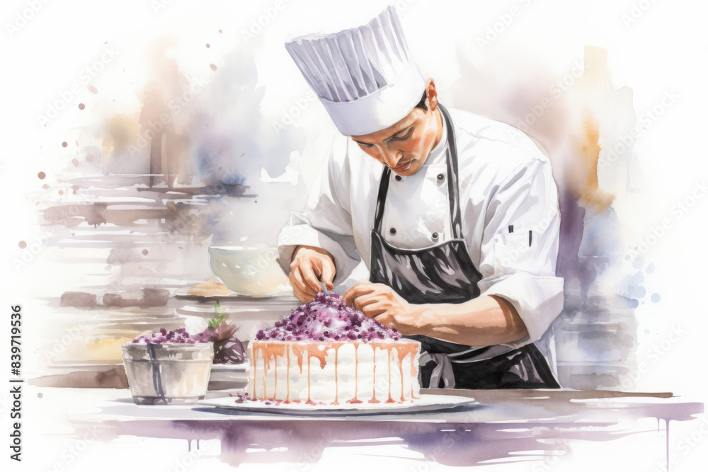 Pastry chef decorating elegant cake in kitchen Pastry chef decorating elegant cake in kitchen