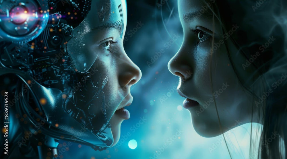Two girls with robot faces are looking at each other Two girls with robot faces are looking at each other