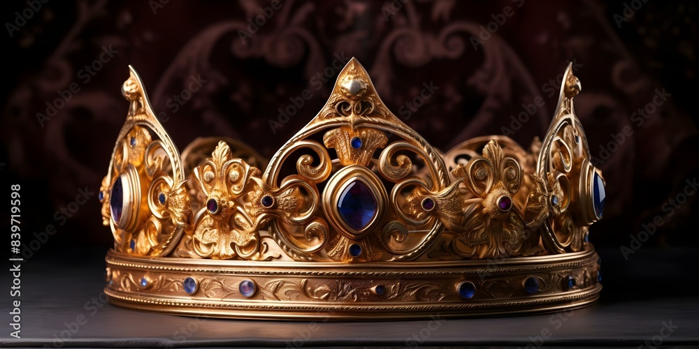 Symbolism of a Gold Crown with Gemstones on a Plain Background Royal