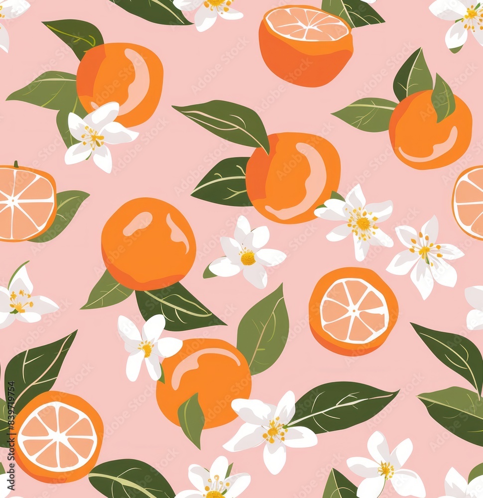 A pattern of oranges and white flowers on a pink background A pattern of oranges and white flowers on a pink background