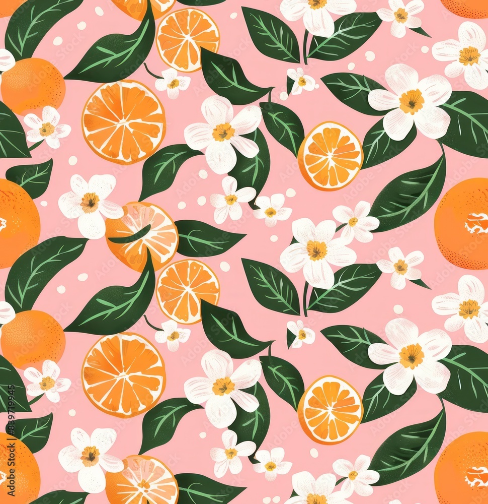 Simple flat illustration clip art peach, oranges and white flowers pattern on a pink background Simple flat illustration clip art peach, oranges and white flowers pattern on a pink background