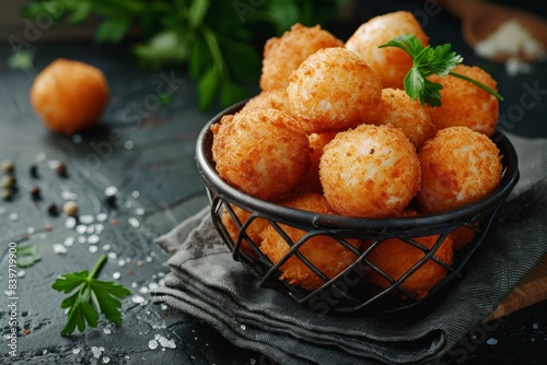 Fried chicken croquettes on stone background with cheese balls in metal bowl photo