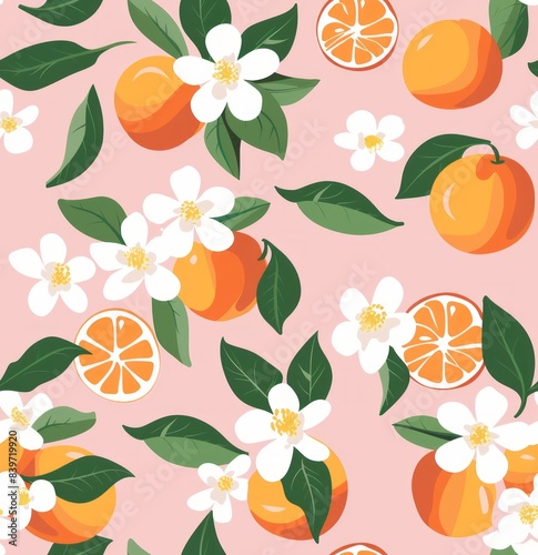 Simple flat illustration clip art peach, oranges and white flowers pattern on a pink background