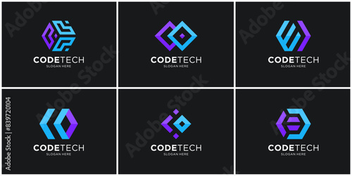 Set of modern code tech logo design template.