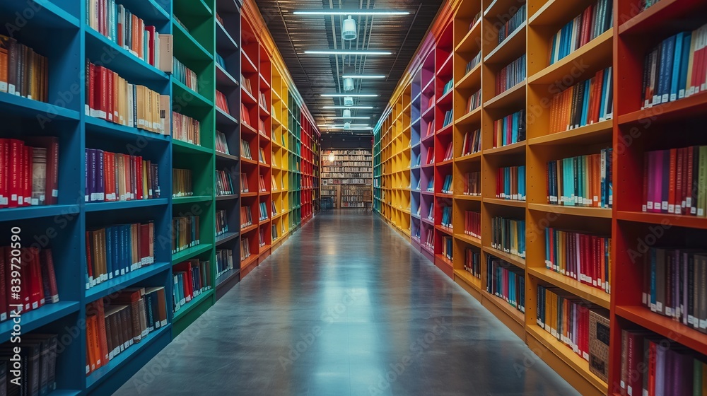 Rainbow-hued library aisle with colorful bookshelves, representing diversity, knowledge, and creativity, perfect for educational, commercial, and inclusive imagery Rainbow-hued library aisle with colorful bookshelves, representing diversity, knowledge, and creativity, perfect for educational, commercial, and inclusive imagery