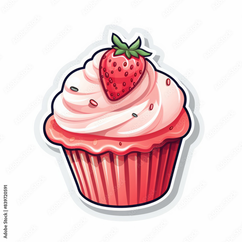 Playful sticker-style illustration of a delicious strawberry-topped cupcake Playful sticker-style illustration of a delicious strawberry-topped cupcake