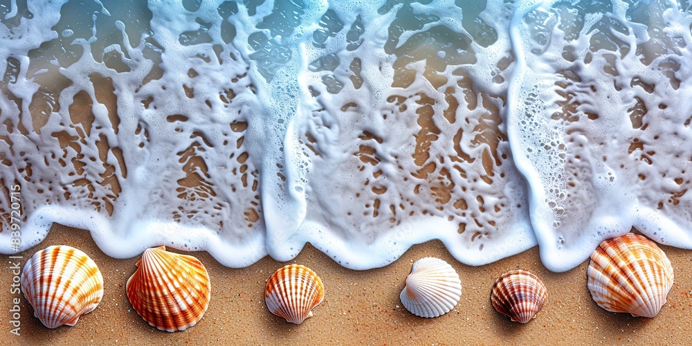 Sea water, sand and sea shells as background. Summer beach. Summer background. Top view.