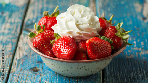 Fresh Strawberries with Whipped Cream on Rustic Blue Table.