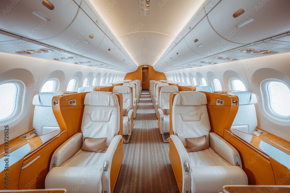 An airplane passageway with empty passanger seats, comfortable chairs in a modern business jet An airplane passageway with empty passanger seats, comfortable chairs in a modern business jet
