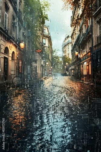 rain in the city rainy weather wet city streets Generative AI © Roman