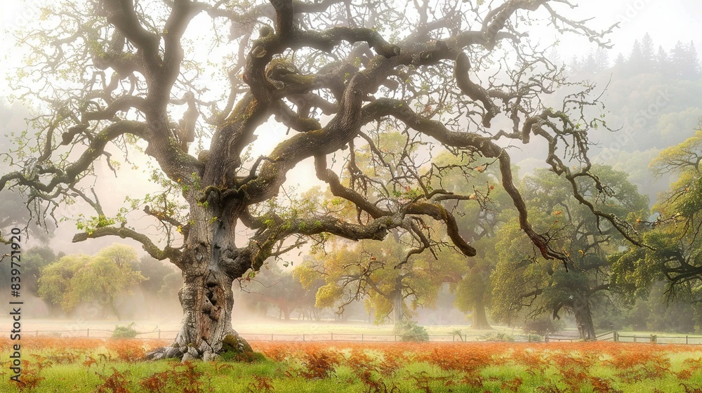 A massive tree stands tall in a field, surrounded by vibrant red blossoms and distant woodlands A massive tree stands tall in a field, surrounded by vibrant red blossoms and distant woodlands