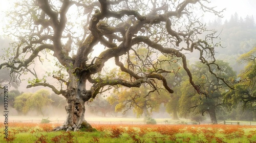   A massive tree stands tall in a field  surrounded by vibrant red blossoms and distant woodlands