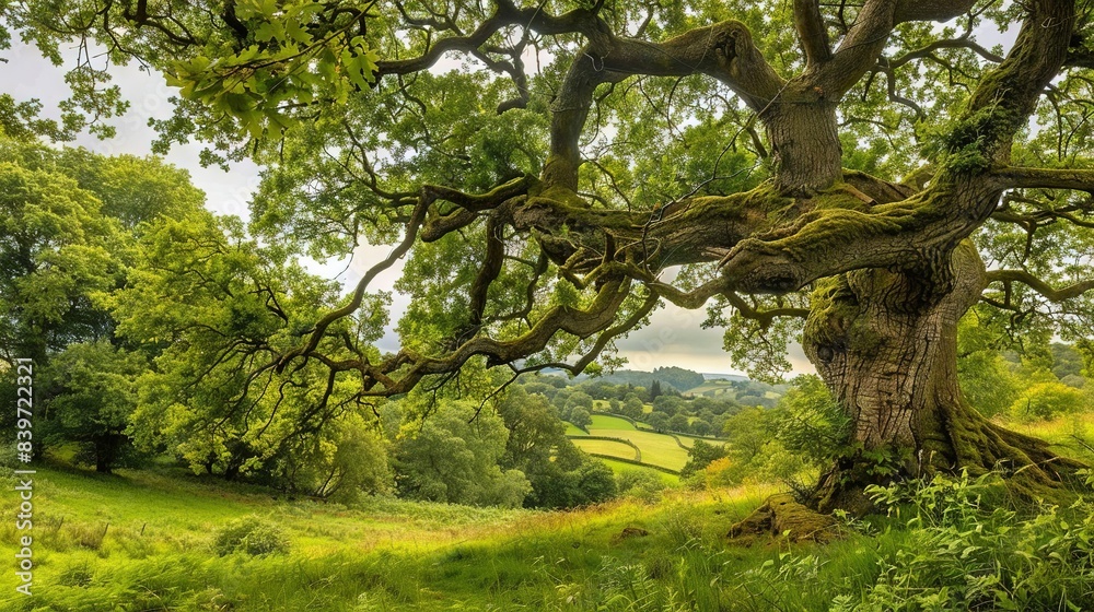 A tall tree stands in a verdant meadow surrounded by numerous trees A tall tree stands in a verdant meadow surrounded by numerous trees