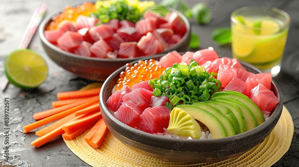 A close-up of a sushi bowl with chopsticks and a glass of juice A close-up of a sushi bowl with chopsticks and a glass of juice