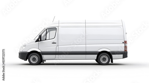 Clean blank white delivery van isolated, side view of plain car cargo carrier with transparent Background