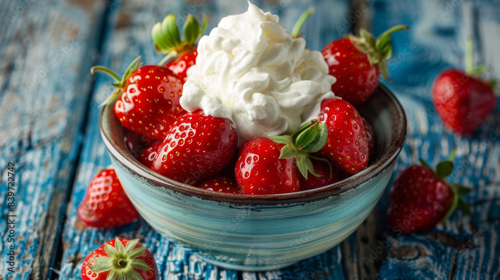 Fresh Strawberries with Whipped Cream on Rustic Blue Table. Fresh Strawberries with Whipped Cream on Rustic Blue Table.