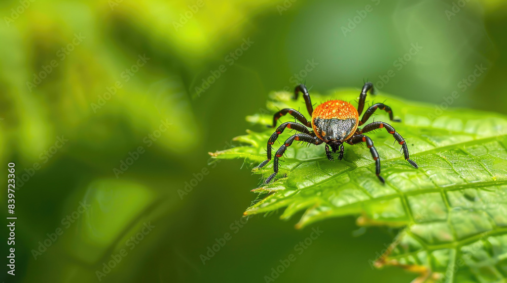 Red black tick on green leaf closeup, macro view of mite on plant, insect parasite in wildlife. Concept of bite, encephalitis disease, animal, nature, arachnid, background Red black tick on green leaf closeup, macro view of mite on plant, insect parasite in wildlife. Concept of bite, encephalitis disease, animal, nature, arachnid, background