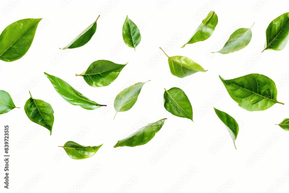 Green leaves flying on blank background