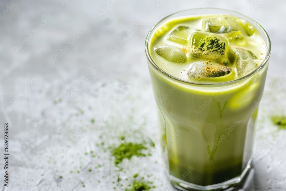 Green matcha latte with ice cubes and milk in a glass on white background Text space and close up shot Green matcha latte with ice cubes and milk in a glass on white background Text space and close up shot