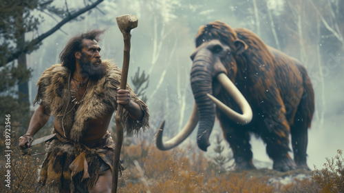 Obraz na plátně Neanderthal man running away from woolly mammoth, strong primitive bearded human hunts animal, caveman of prehistoric era outdoor