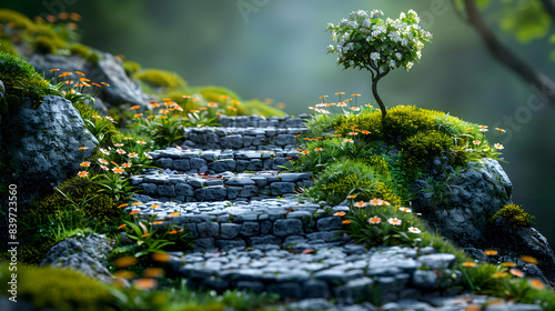 A vibrant nature canyon landscape with a winding path through the cliffs