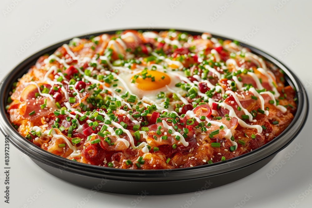 Hearty shakshuka with poached eggs and vegetables in a black skillet, offering a flavorful and vibrant meal Hearty shakshuka with poached eggs and vegetables in a black skillet, offering a flavorful and vibrant meal