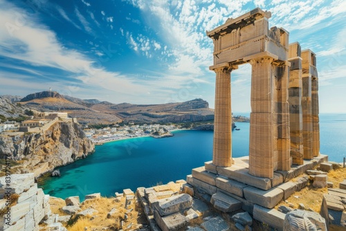 Famous tourist attraction - Acropolis of Lindos. Ancient architecture of Greece. Travel destinations of Rhodes island