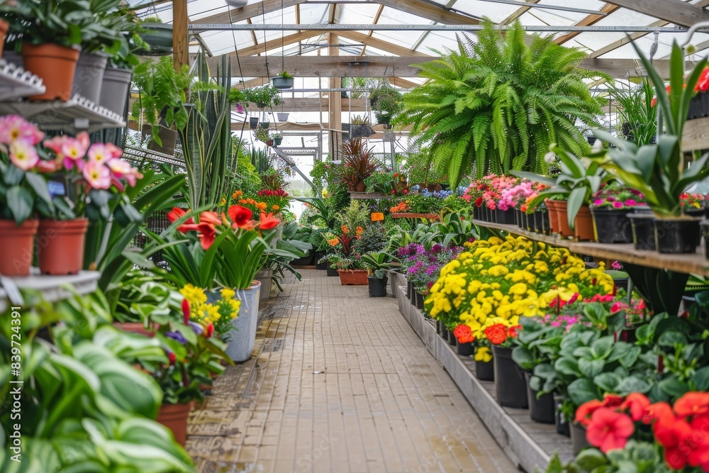 Greenhouse with colorful potted plants and flowers