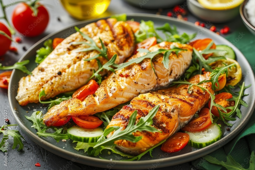 Grilled tilapia fillets and a vegetable salad on a plate close up Grilled tilapia fillets and a vegetable salad on a plate close up