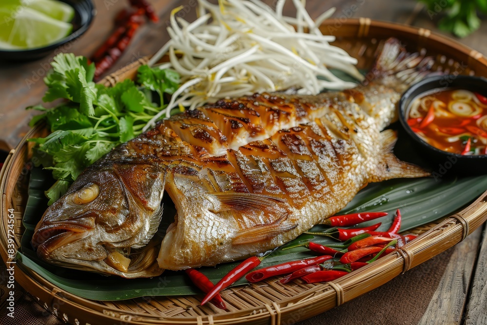 Grilled Tilapia fish served with vermicelli Thai spicy dipping sauce and green vegetables on a bamboo basket A healthy option in Thailand