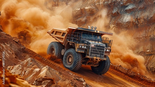 Large truck navigating through a dusty quarry landscape