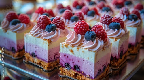   Close-up of a dessert tray with raspberries and blueberries on top photo